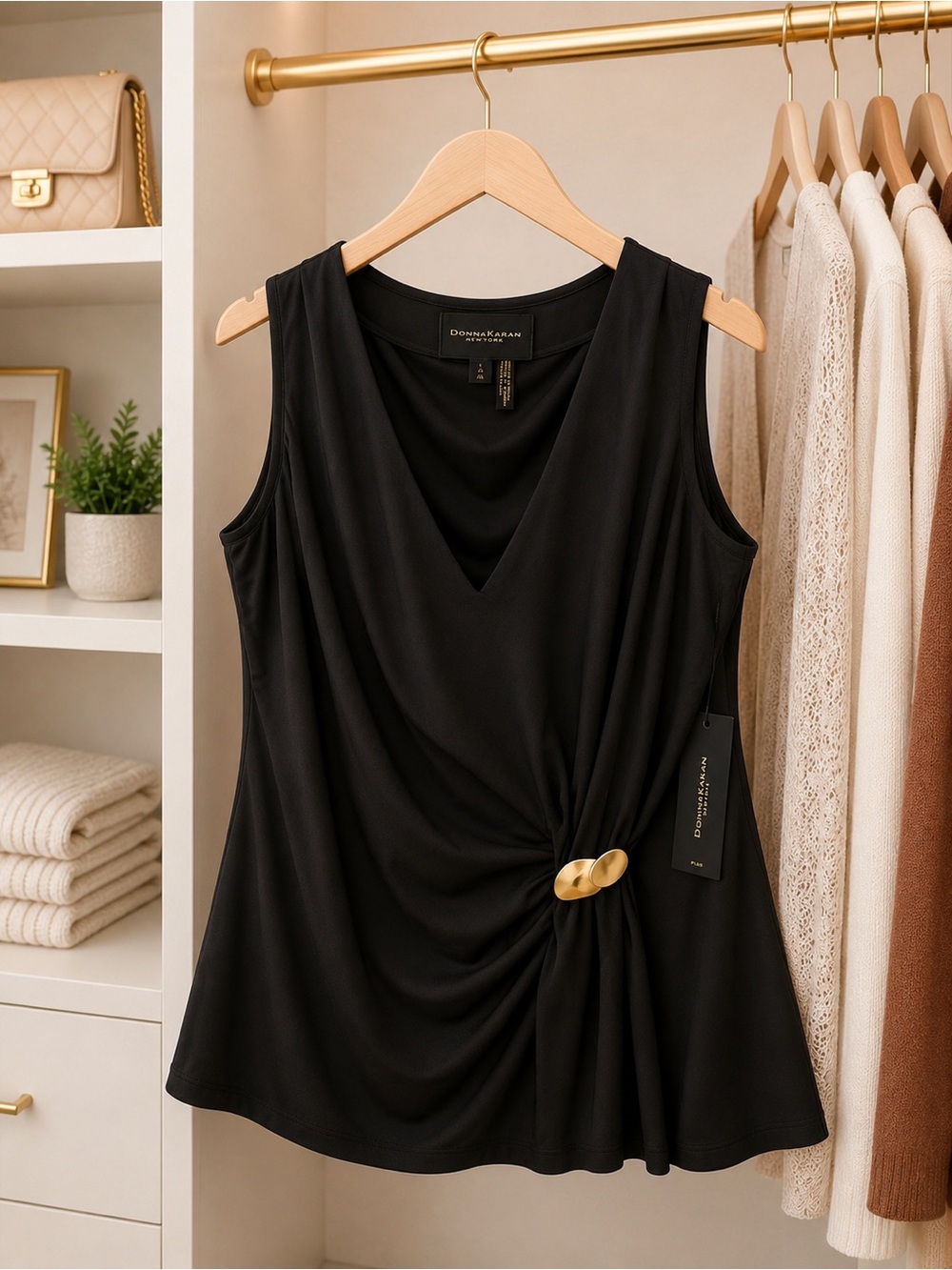 Donna Karan Black Sleeveless V-Neck Tank with Gold Twist Accent